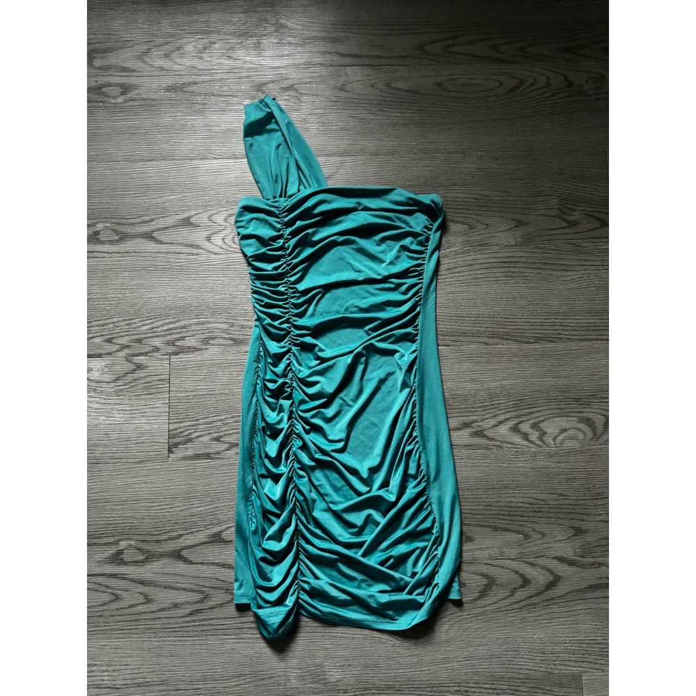 Arden B Teal Blue One Shoulder Ruched Bodycon Mini Dress Womens Cocktail Party - Picture 1 of 3